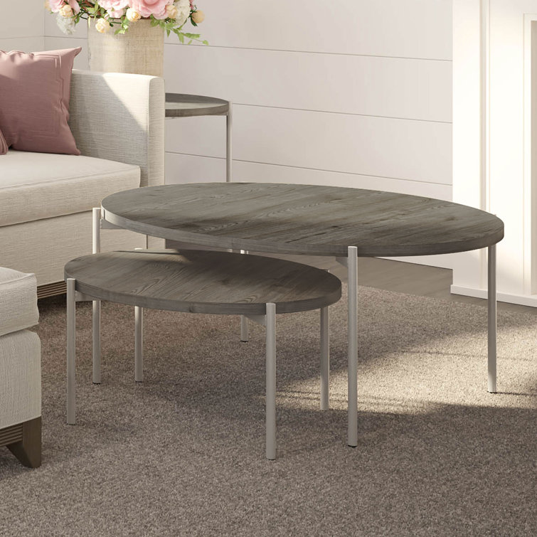 Gray Wood and Steel Round Nesting Coffee Table Set