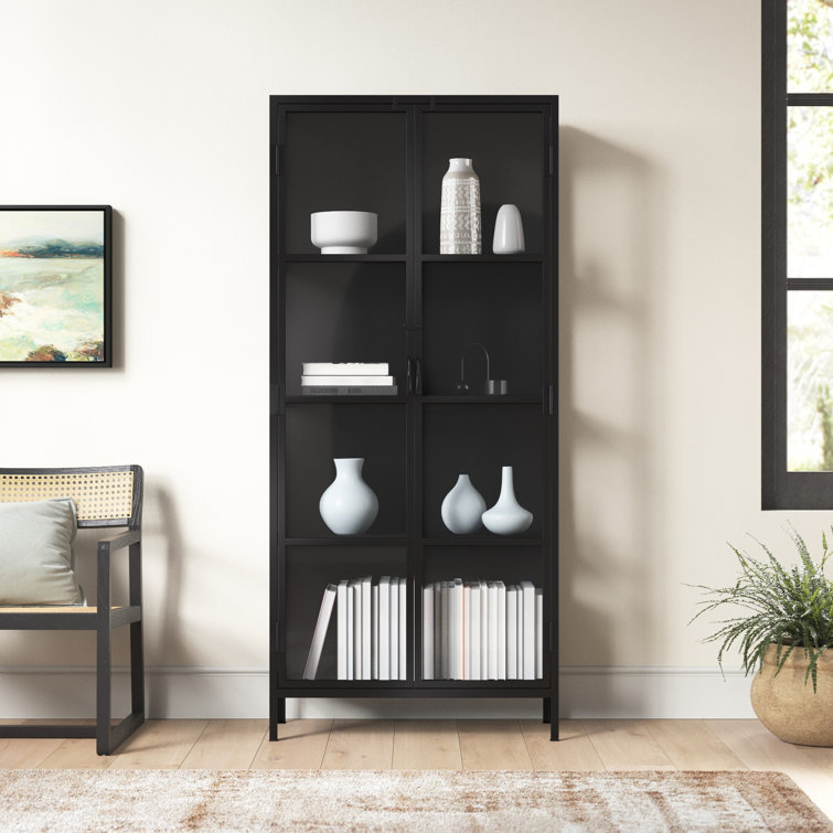 Sleek Black Metal and Glass Minimalist Curio Cabinet