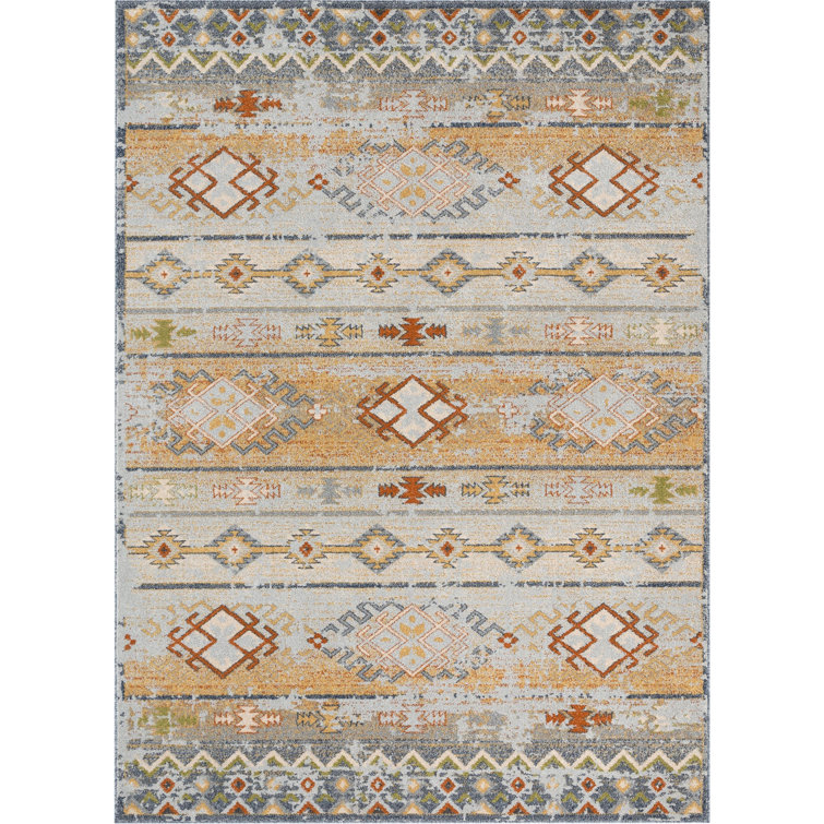 Cream and Red Synthetic Tribal Rectangular Rug