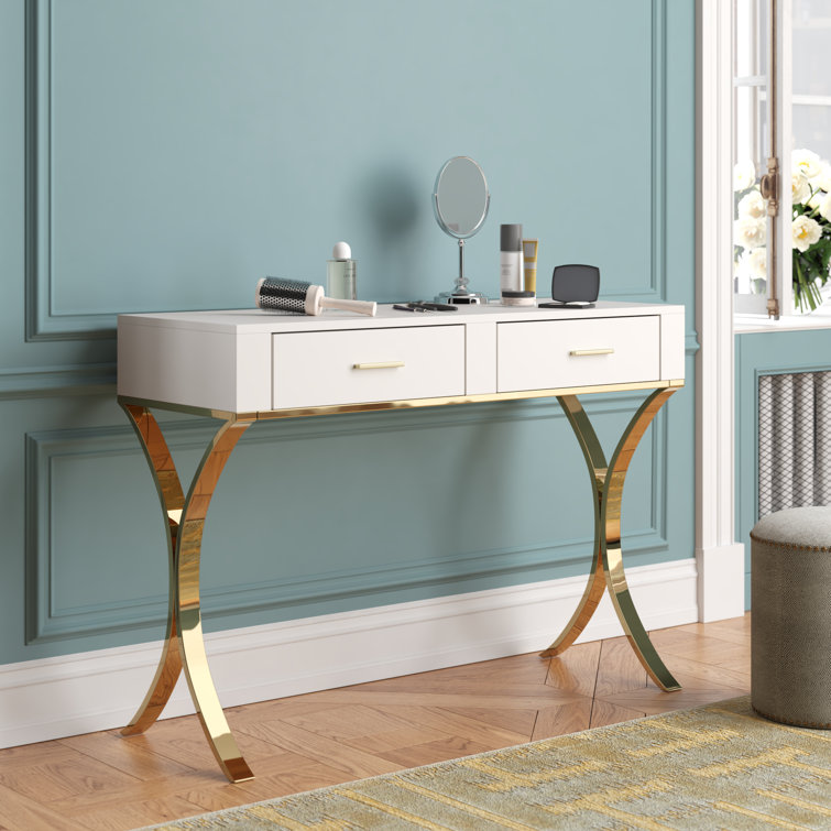 Monroe Gold Stainless Steel and White Lacquer Vanity Desk Console