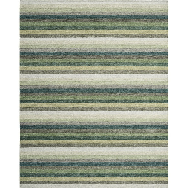 Handmade Green and Beige Wool Striped Rectangular Rug