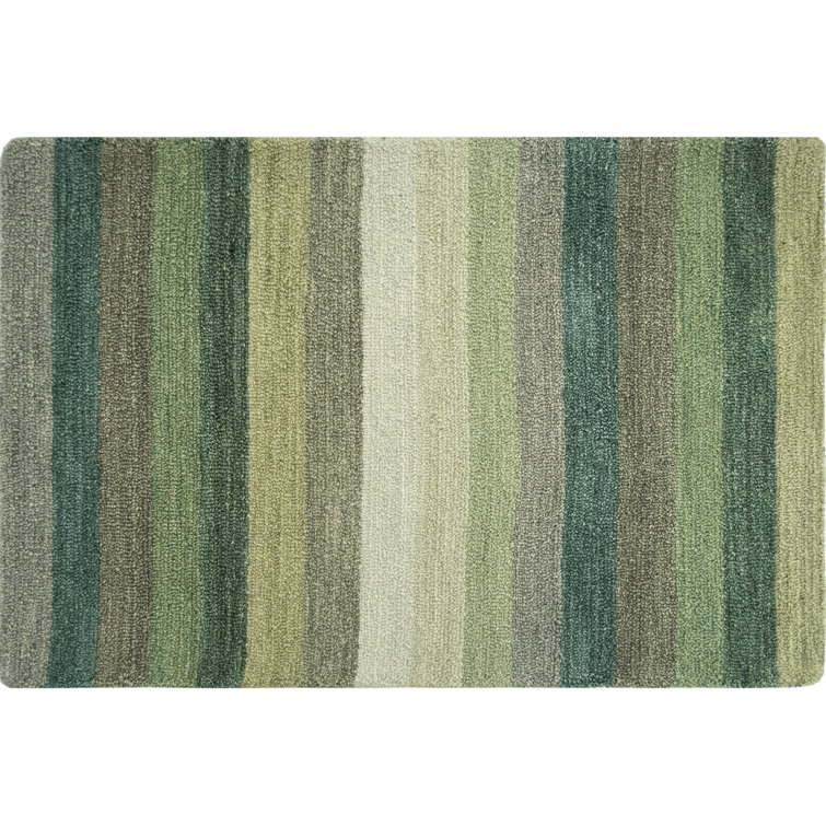 Handmade Green Striped Wool and Synthetic Rug 2' x 3'