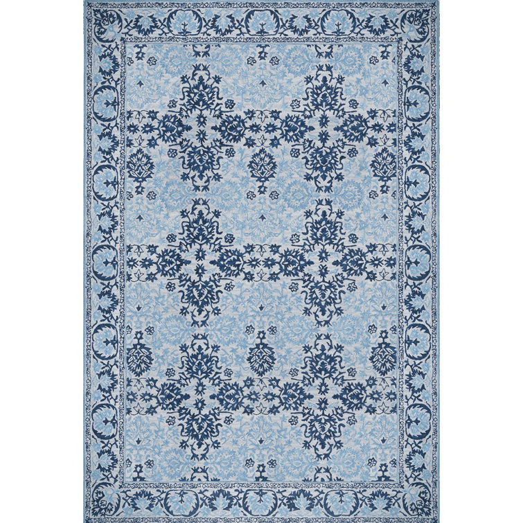 Hand Tufted Blue Wool Rectangular Rug with Botanical Pattern