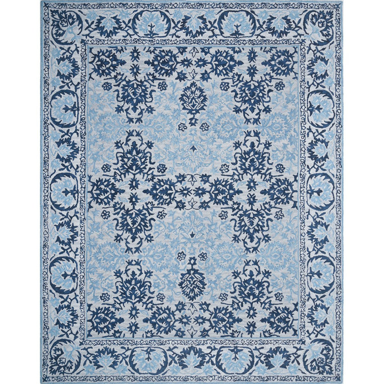 Hand Tufted Blue Wool Rectangular Rug with Cotton Backing