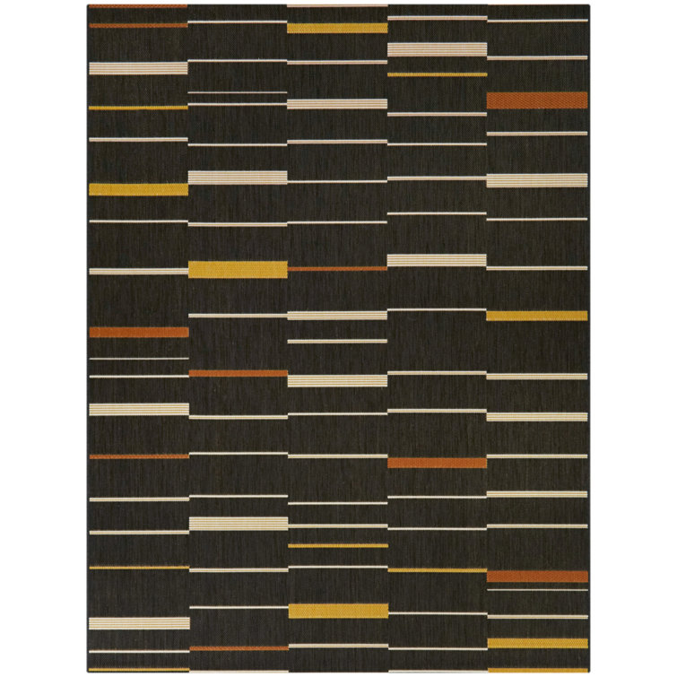 Charcoal and Mustard Striped Synthetic Rectangular Rug