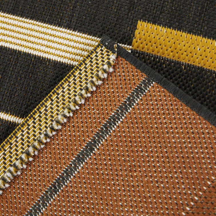 Charcoal and Mustard Striped Synthetic Rectangular Rug