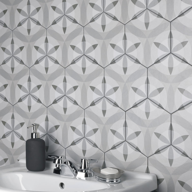 Hexatile 7"x 8" Gray Porcelain Patterned Wall & Floor Tile