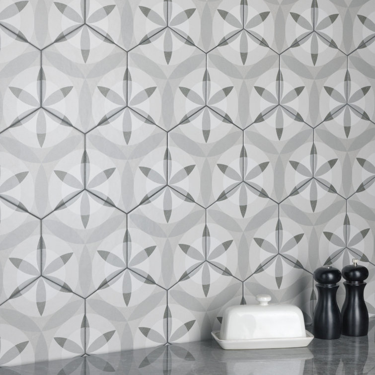 Hexatile 7"x 8" Gray Porcelain Patterned Wall & Floor Tile
