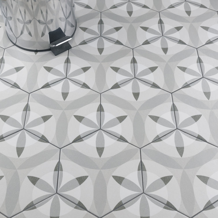 Hexatile 7"x 8" Gray Porcelain Patterned Wall & Floor Tile