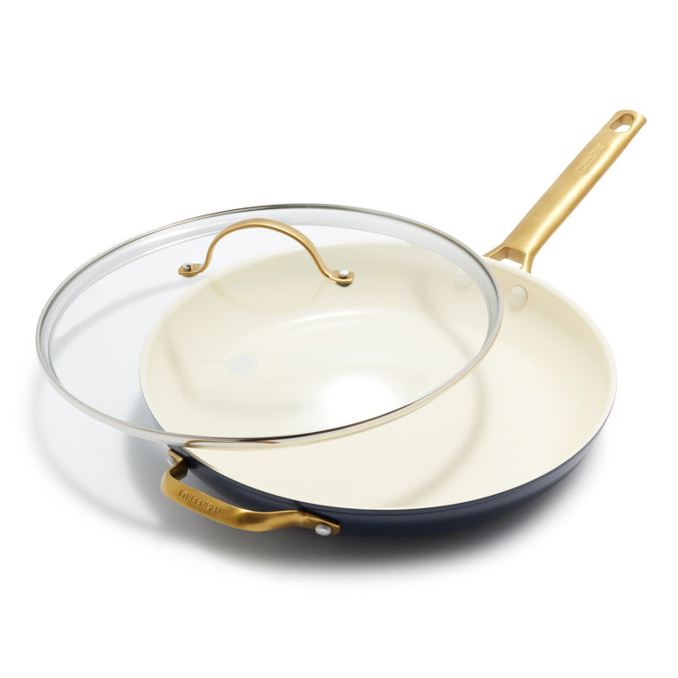 Twilight Blue Ceramic Nonstick 12" Frypan with Gold Handle and Lid
