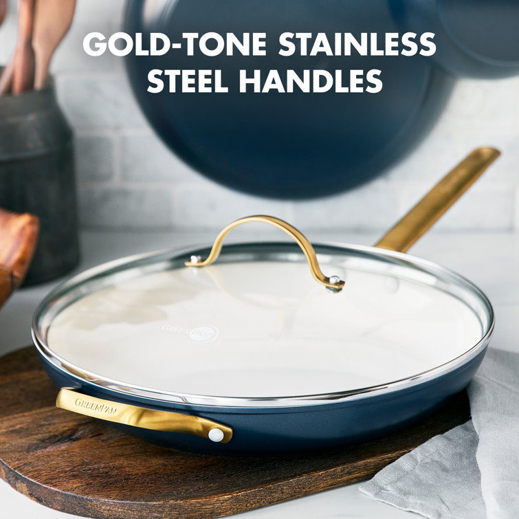 Twilight Blue Ceramic Nonstick 12" Frypan with Gold Handle and Lid