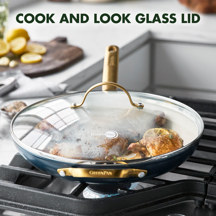Twilight Blue Ceramic Nonstick 12" Frypan with Gold Handle and Lid