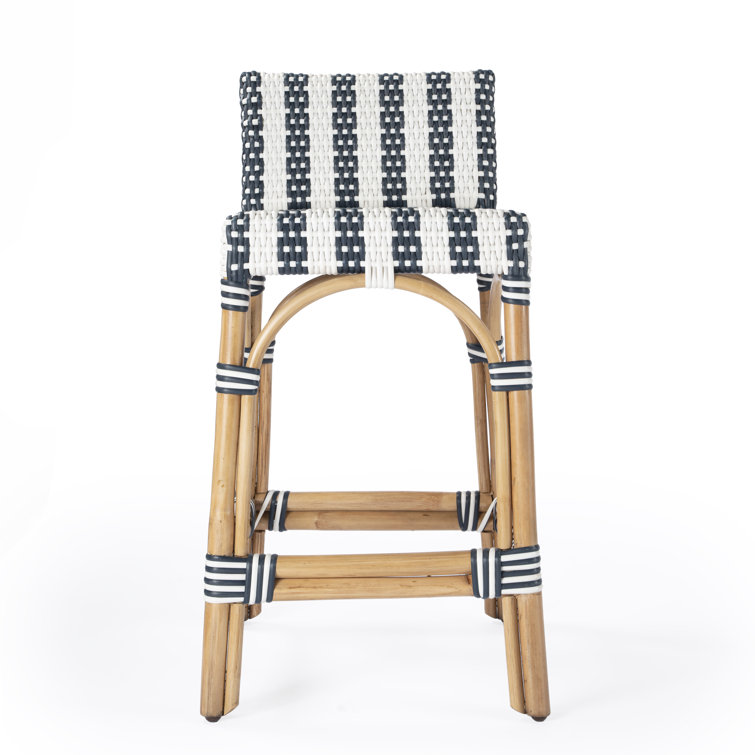 Coastal Charm Rattan and Blue Stripe Low Back Counter Stool