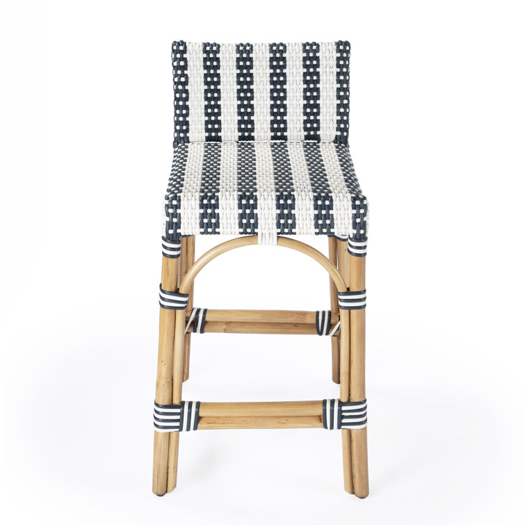 Coastal Charm Rattan and Blue Stripe Low Back Counter Stool