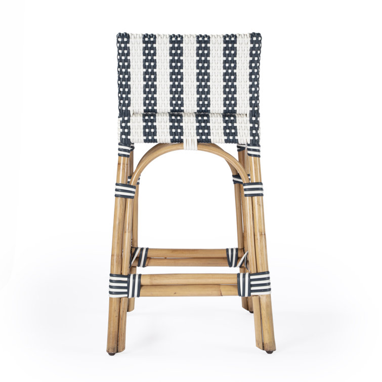 Coastal Charm Rattan and Blue Stripe Low Back Counter Stool