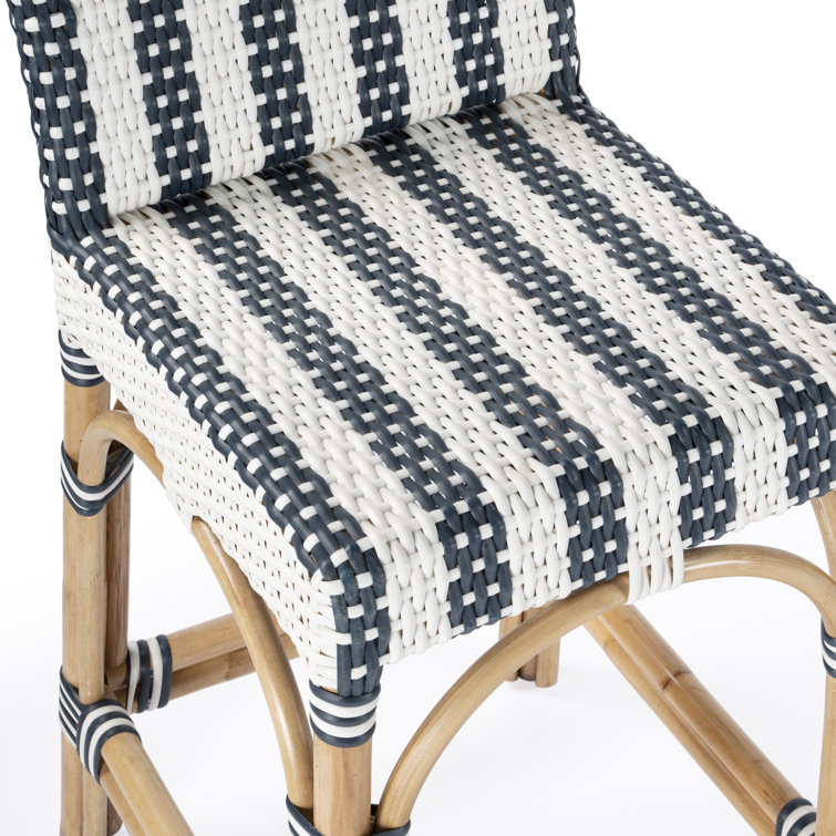 Coastal Charm Rattan and Blue Stripe Low Back Counter Stool