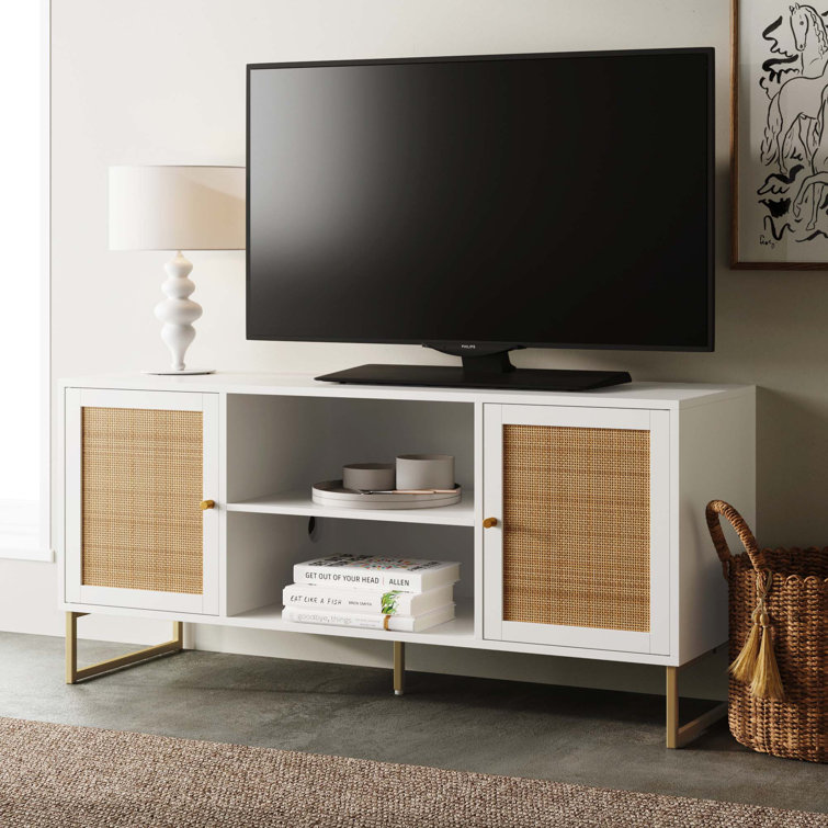 White and Gold Rattan Door TV Stand for 55" TVs