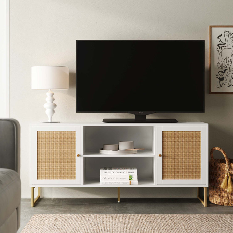 White and Gold Rattan Door TV Stand for 55" TVs