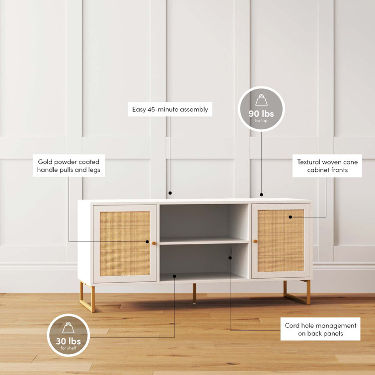 White and Gold Rattan Door TV Stand for 55" TVs