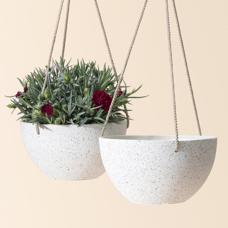Speckled White 10'' Hanging Planters with Rope Hanger, Set of 2