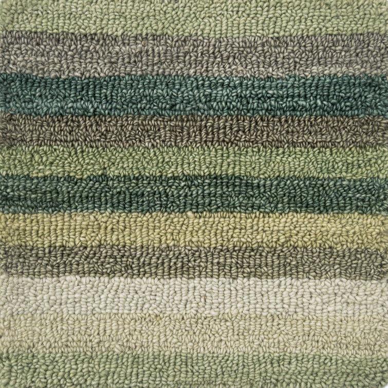 Handmade Green and Beige Wool Striped Rectangular Rug