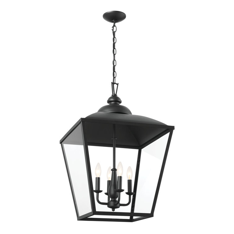 Textured Black 4-Light Lantern Pendant with Glass Panels