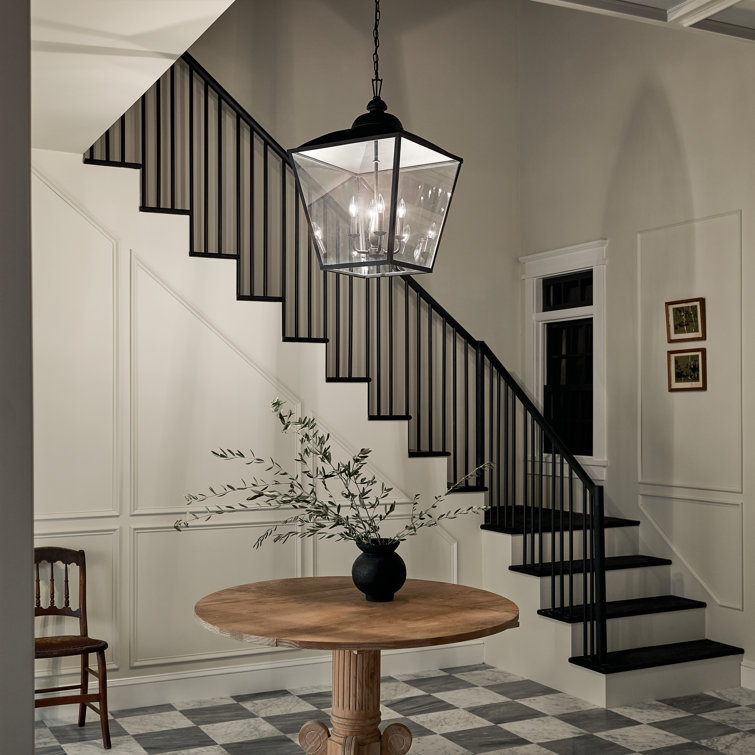 Textured Black 4-Light Lantern Pendant with Glass Panels