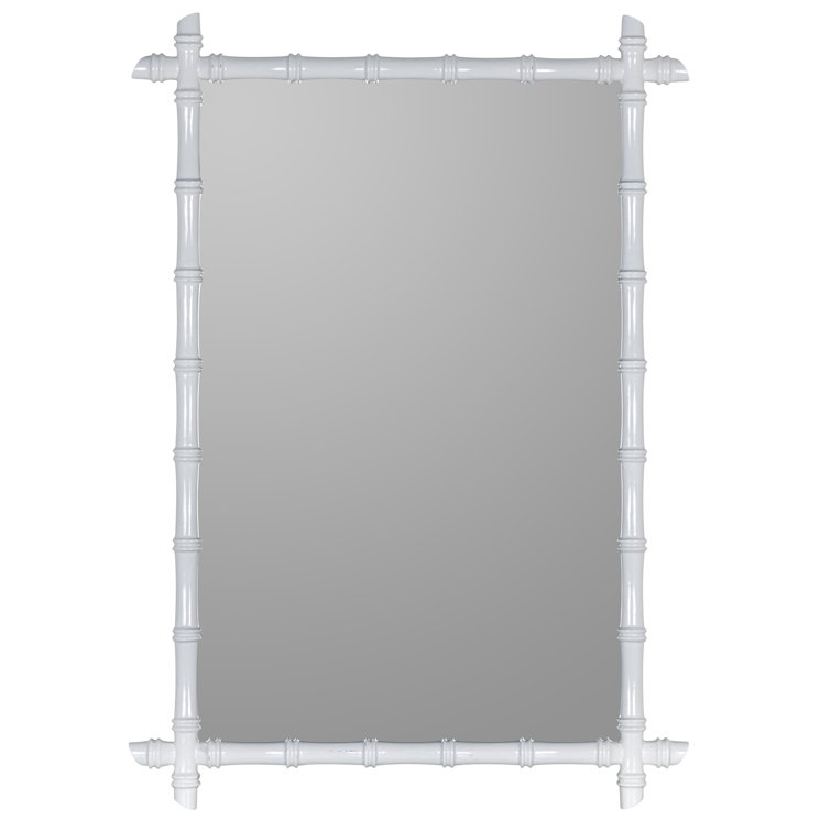 Glossy White Bamboo-Inspired Rectangular Wall Mirror