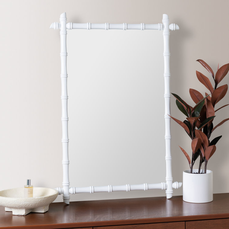 Glossy White Bamboo-Inspired Rectangular Wall Mirror