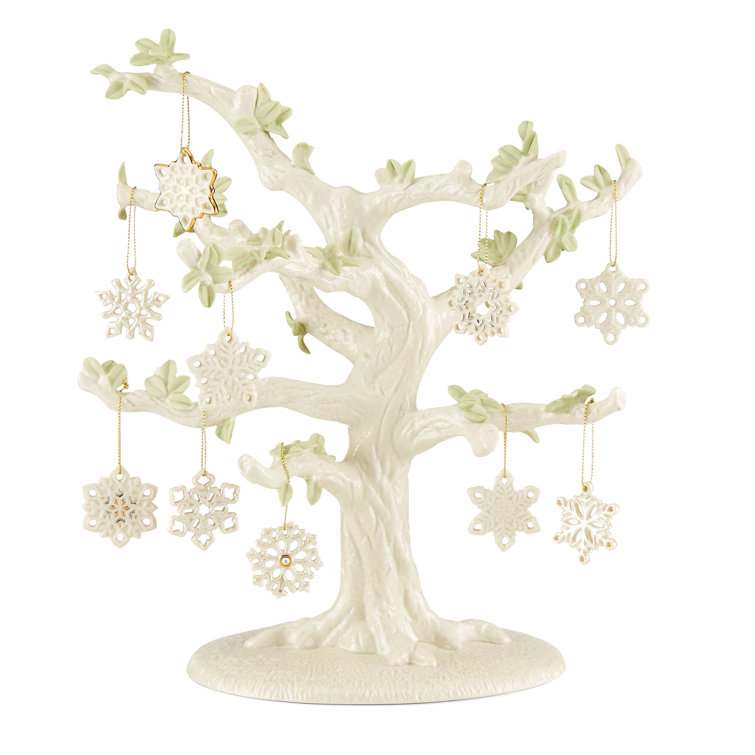 Ivory Porcelain Snowflake Ornament Tree Set with Display Stand