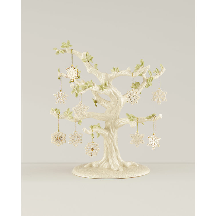 Ivory Porcelain Snowflake Ornament Tree Set with Display Stand
