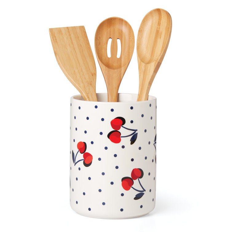 Vintage Cherry Dot Ceramic Kitchen Utensil Crock
