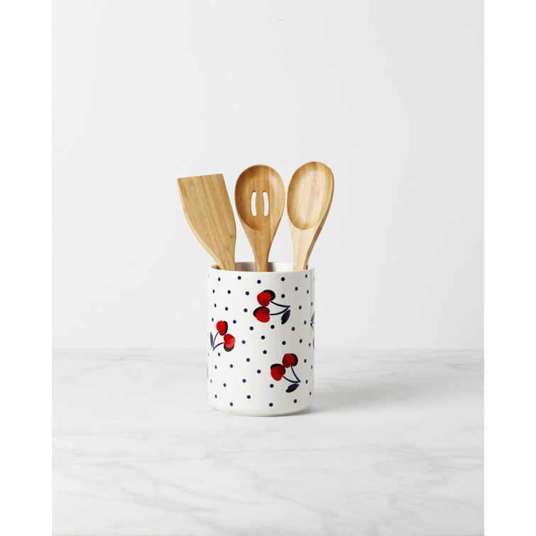 Vintage Cherry Dot Ceramic Kitchen Utensil Crock