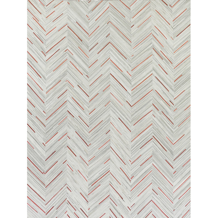 Handmade Ivory and Red Cowhide Chevron Rectangular Area Rug