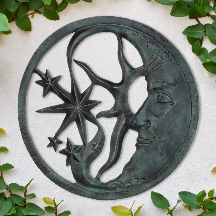 Celestial Moon and Stars Blue Aluminum Outdoor Wall Plaque