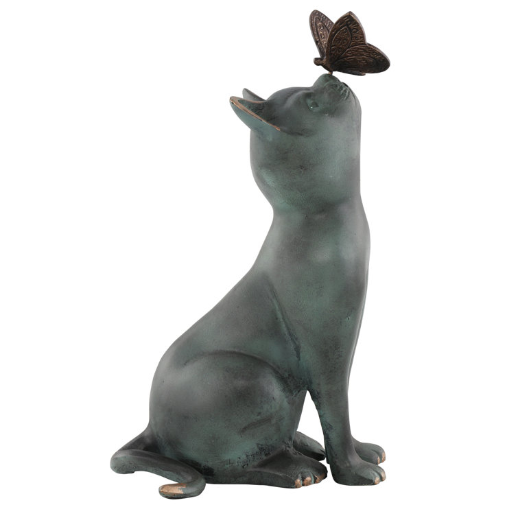 Verdi and Bronze Cat and Butterfly Garden Statue