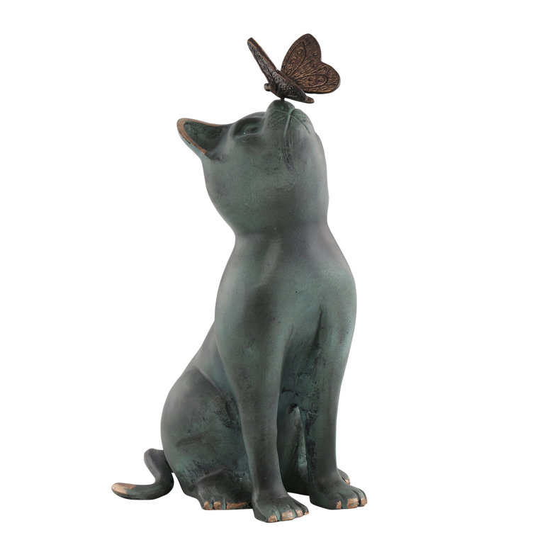 Verdi and Bronze Cat and Butterfly Garden Statue