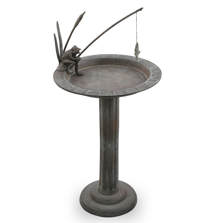 Bronze Fishing Frog Cast Aluminum Sundial Birdbath, 31 Inches Tall