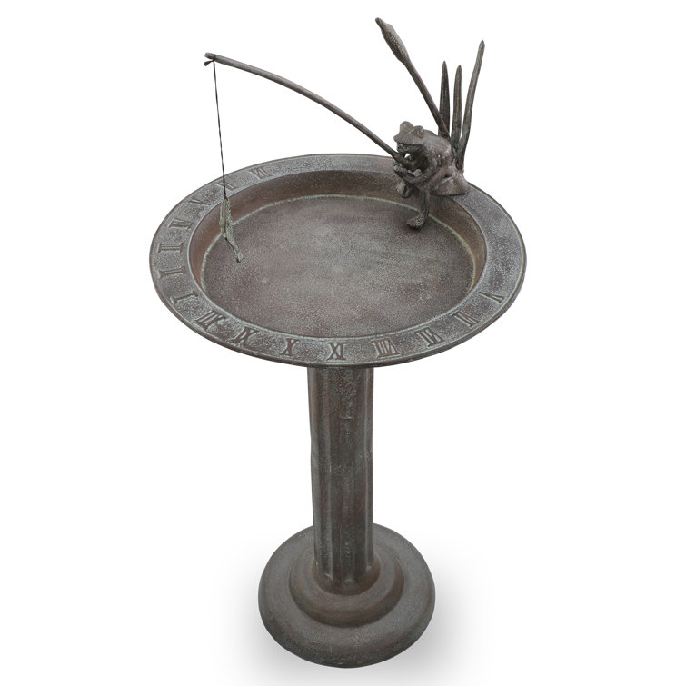 Bronze Fishing Frog Cast Aluminum Sundial Birdbath, 31 Inches Tall