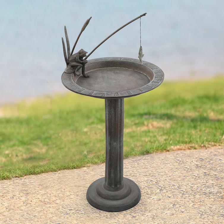 Bronze Fishing Frog Cast Aluminum Sundial Birdbath, 31 Inches Tall