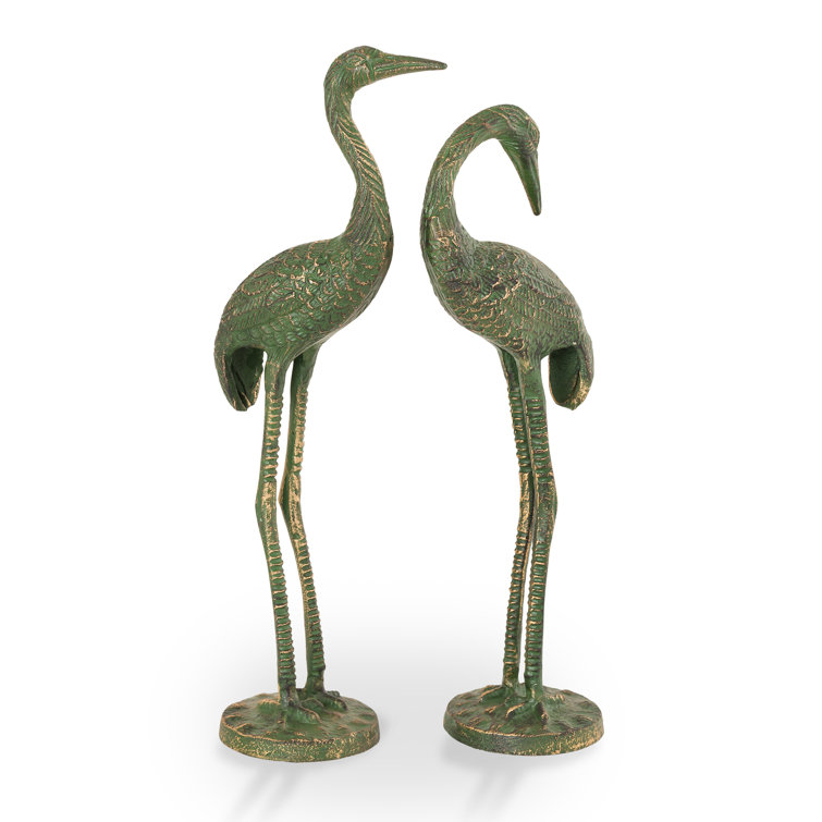 Antique Verdigris Green Metal Heron Garden Sculptures, Set of 2