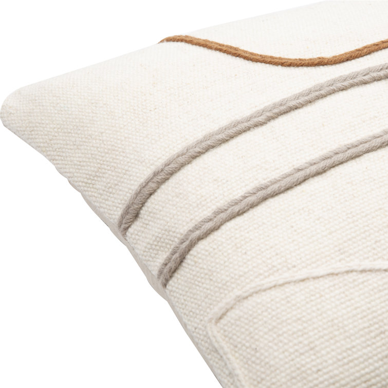 22'' x 22'' Beige and Brown Wool Embroidered Throw Pillow