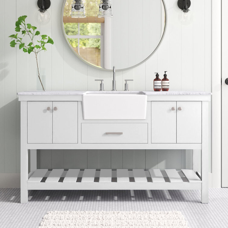 Elegant White Solid Wood and MDF Single Bathroom Vanity with Marble Top