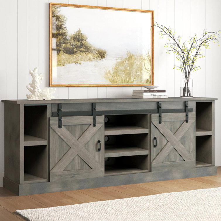 Barnwood 85 Inch Farmhouse TV Stand with Sliding Doors