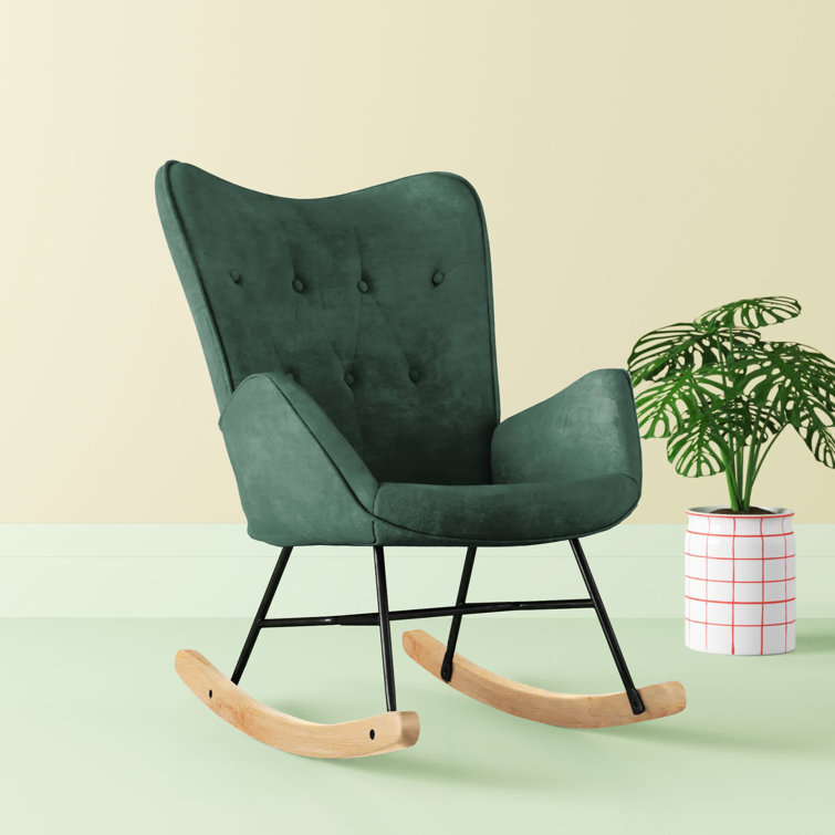 Forest Green Velvet Mid-Century Modern Rocking Chair