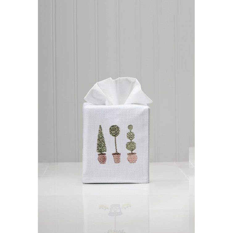 White Linen Cotton Tissue Box Cover with Olive Topiary Embroidery