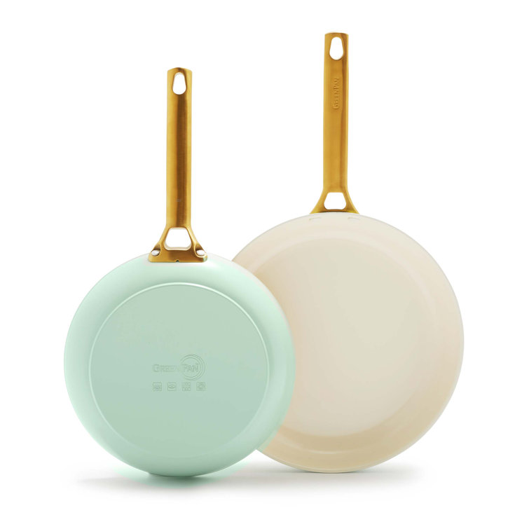 Mint and Cream Ceramic Nonstick Frying Pan Set with Gold Handles