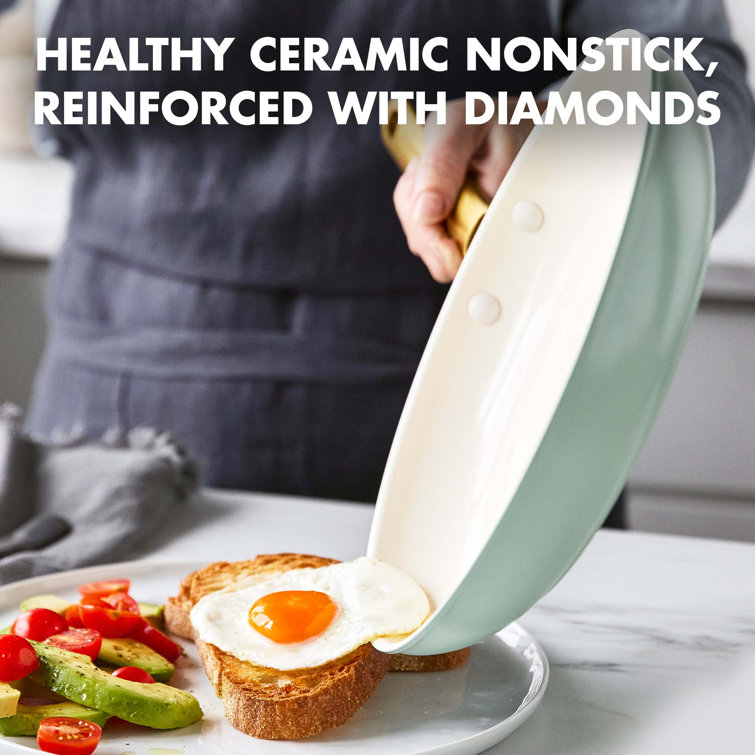 Mint and Cream Ceramic Nonstick Frying Pan Set with Gold Handles