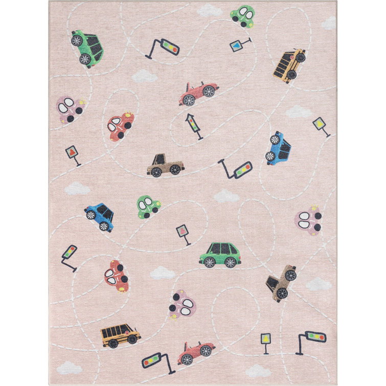Blush Traffic Pattern Kids Washable Chenille Area Rug