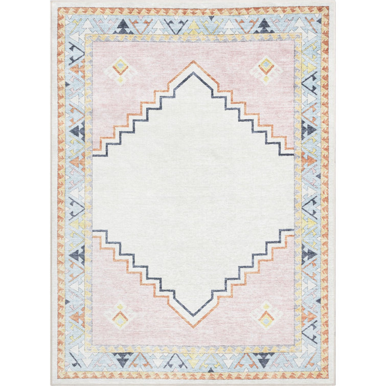 Pink Beige Medallion Washable Kids Area Rug 3'3" x 5'